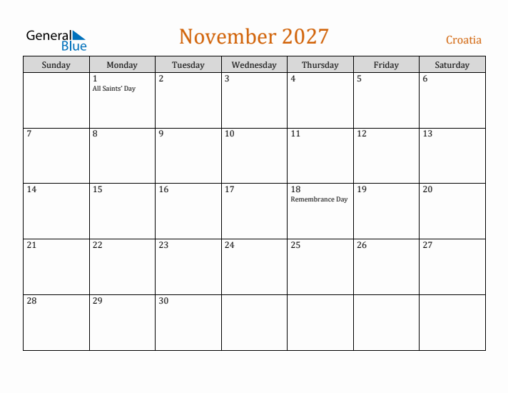 November 2027 Holiday Calendar with Sunday Start