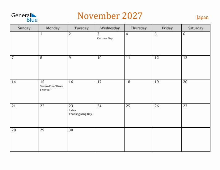 November 2027 Holiday Calendar with Sunday Start