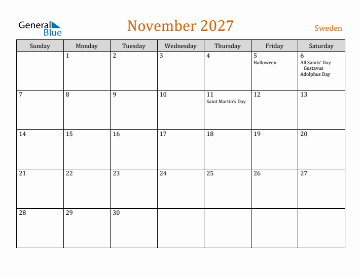 November 2027 Holiday Calendar with Sunday Start