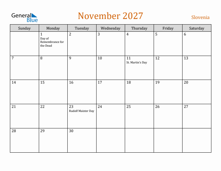 November 2027 Holiday Calendar with Sunday Start