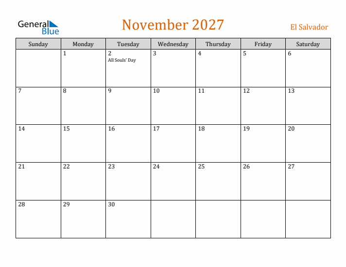 November 2027 Holiday Calendar with Sunday Start