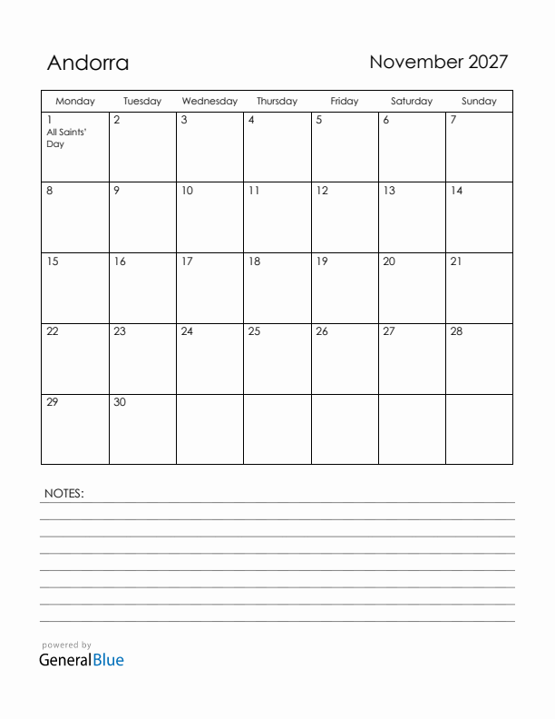 November 2027 Andorra Calendar with Holidays (Monday Start)