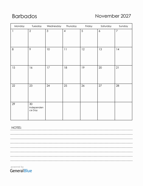 November 2027 Barbados Calendar with Holidays (Monday Start)