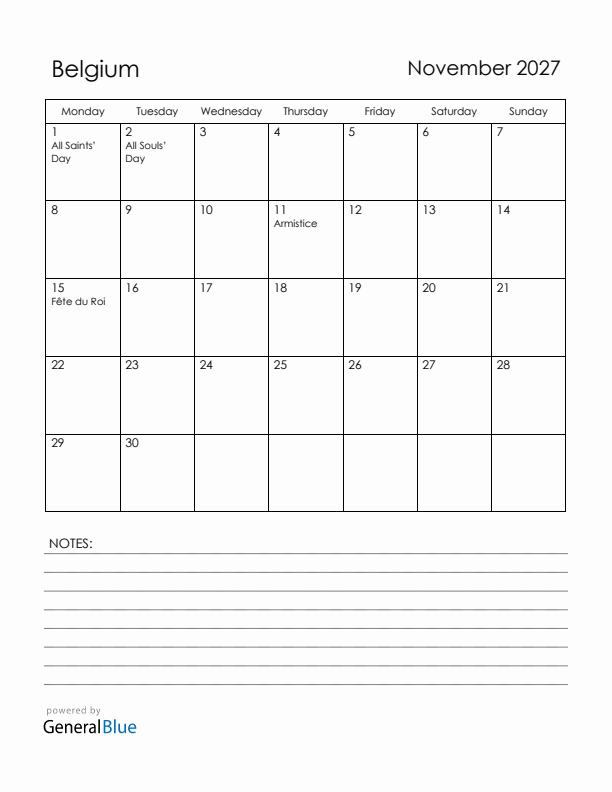 November 2027 Belgium Calendar with Holidays (Monday Start)
