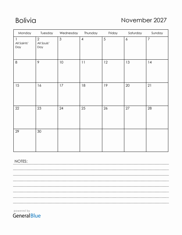 November 2027 Bolivia Calendar with Holidays (Monday Start)