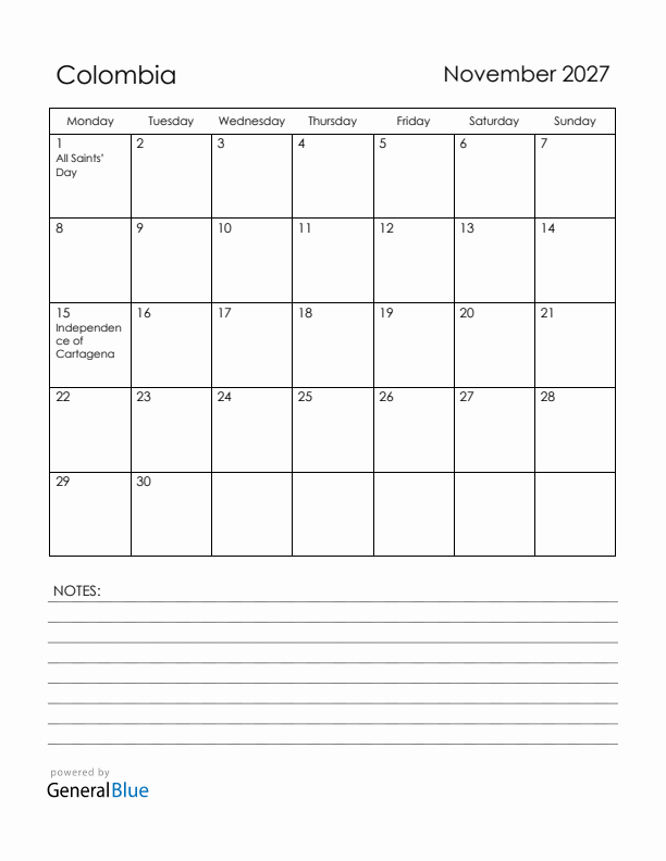 November 2027 Colombia Calendar with Holidays (Monday Start)