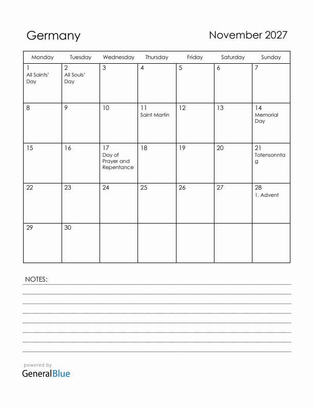 November 2027 Germany Calendar with Holidays (Monday Start)