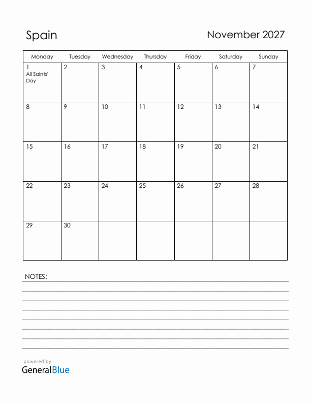 November 2027 Spain Calendar with Holidays (Monday Start)