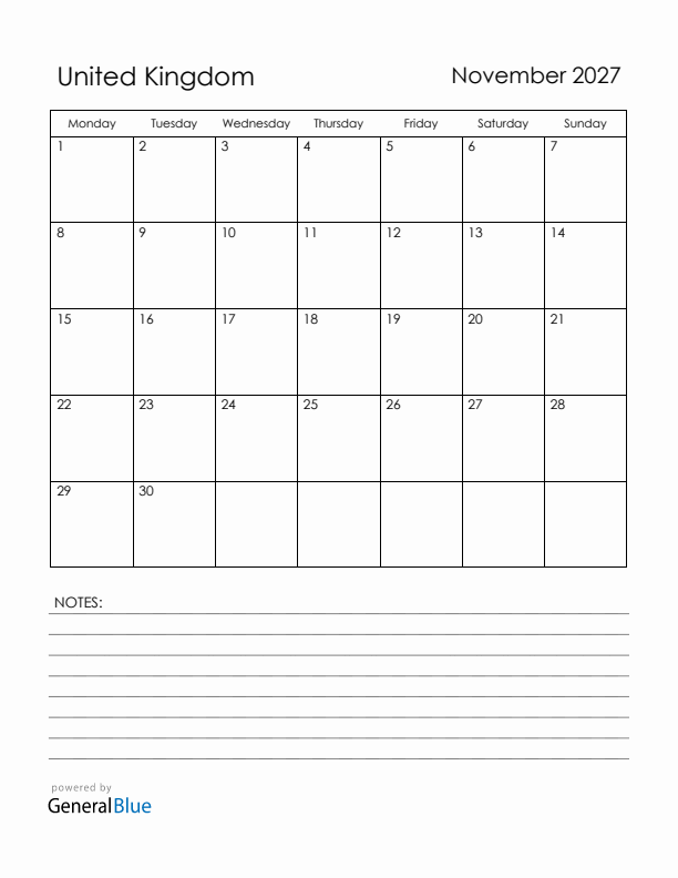 November 2027 United Kingdom Calendar with Holidays (Monday Start)