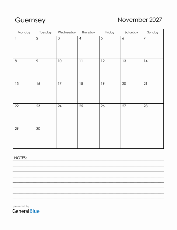 November 2027 Guernsey Calendar with Holidays (Monday Start)