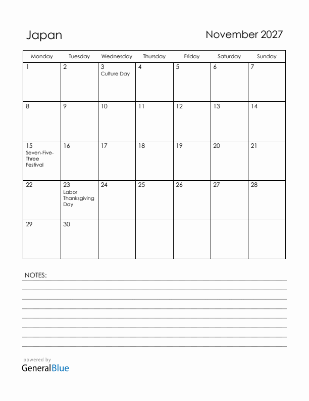 November 2027 Japan Calendar with Holidays (Monday Start)