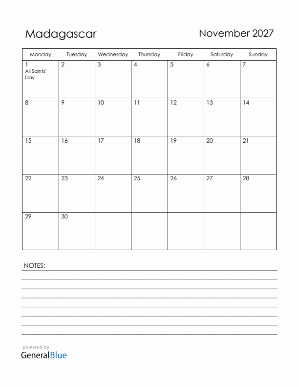 November 2027 Madagascar Calendar with Holidays (Monday Start)