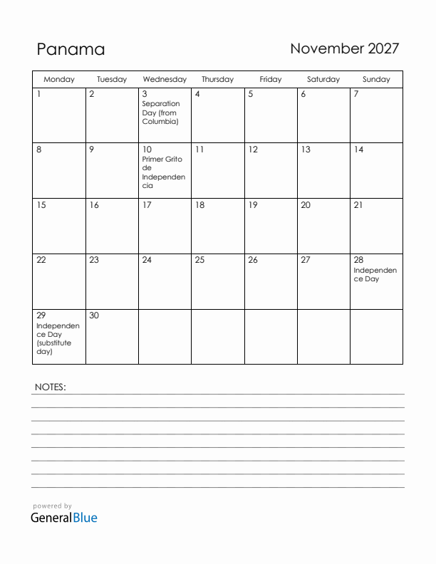 November 2027 Panama Calendar with Holidays (Monday Start)