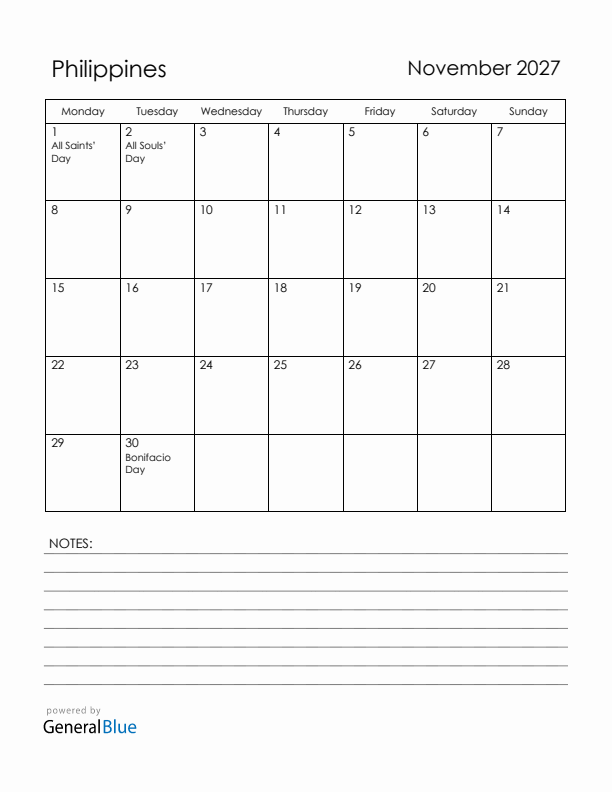 November 2027 Philippines Calendar with Holidays (Monday Start)