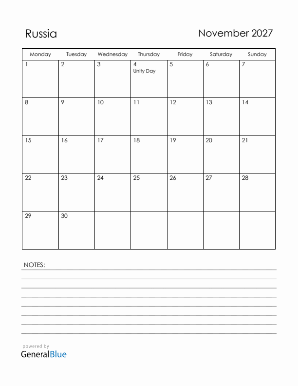 November 2027 Russia Calendar with Holidays (Monday Start)