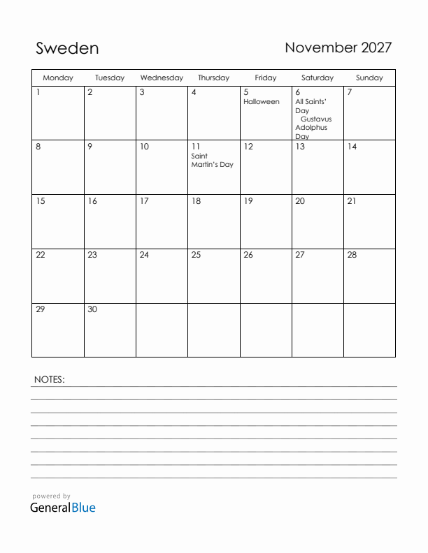 November 2027 Sweden Calendar with Holidays (Monday Start)