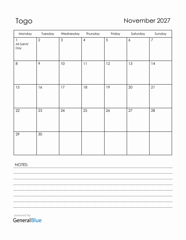 November 2027 Togo Calendar with Holidays (Monday Start)