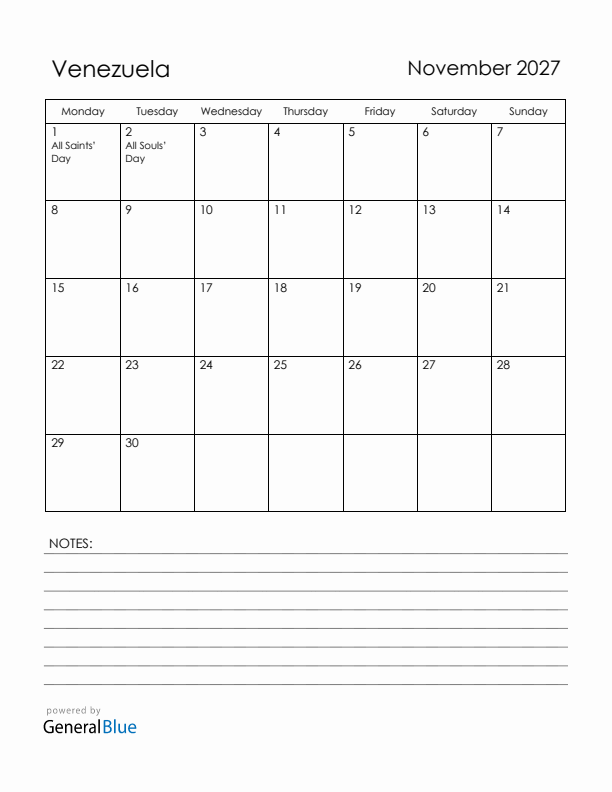 November 2027 Venezuela Calendar with Holidays (Monday Start)