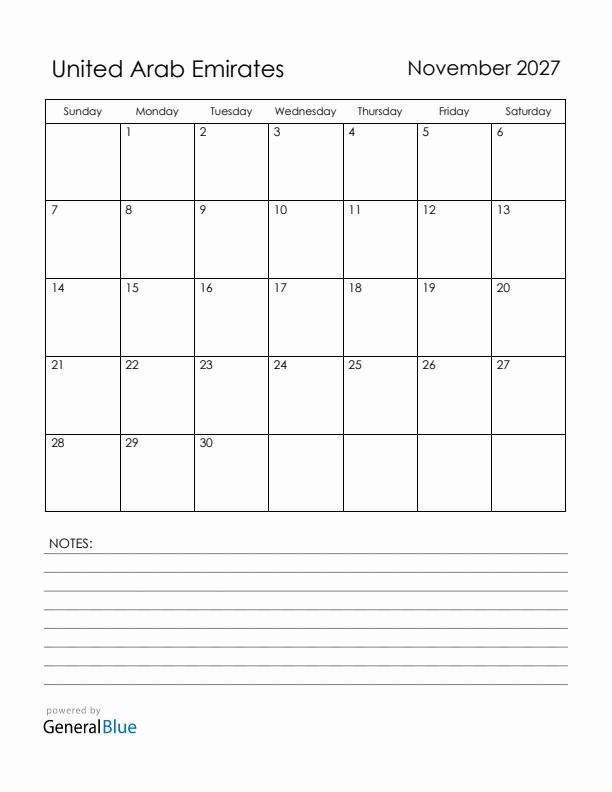 November 2027 United Arab Emirates Calendar with Holidays (Sunday Start)