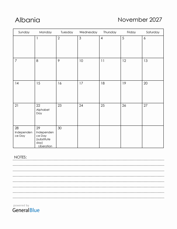 November 2027 Albania Calendar with Holidays (Sunday Start)