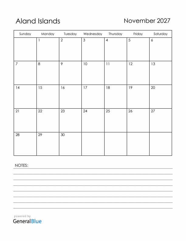 November 2027 Aland Islands Calendar with Holidays (Sunday Start)