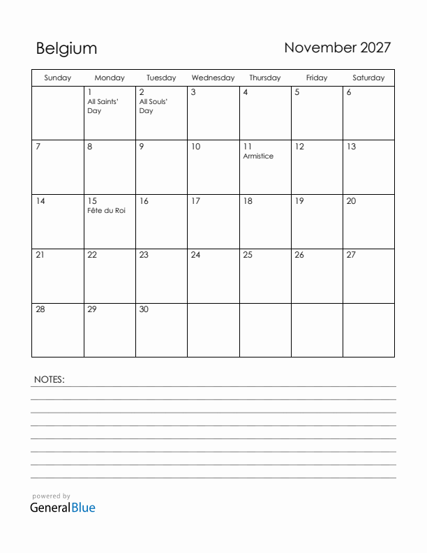 November 2027 Belgium Calendar with Holidays (Sunday Start)