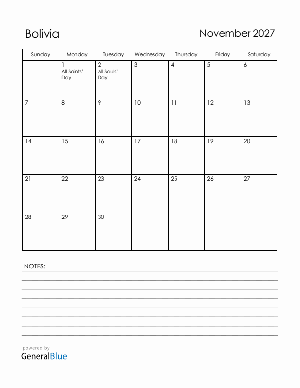 November 2027 Bolivia Calendar with Holidays (Sunday Start)