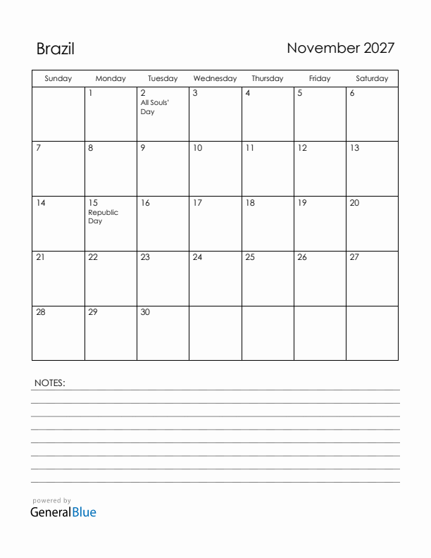 November 2027 Brazil Calendar with Holidays (Sunday Start)