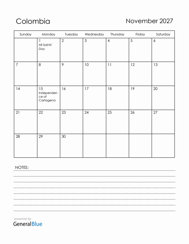November 2027 Colombia Calendar with Holidays (Sunday Start)