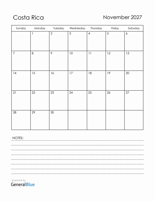 November 2027 Costa Rica Calendar with Holidays (Sunday Start)