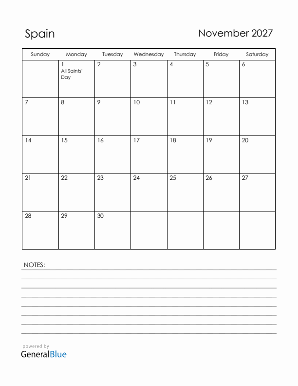 November 2027 Spain Calendar with Holidays (Sunday Start)