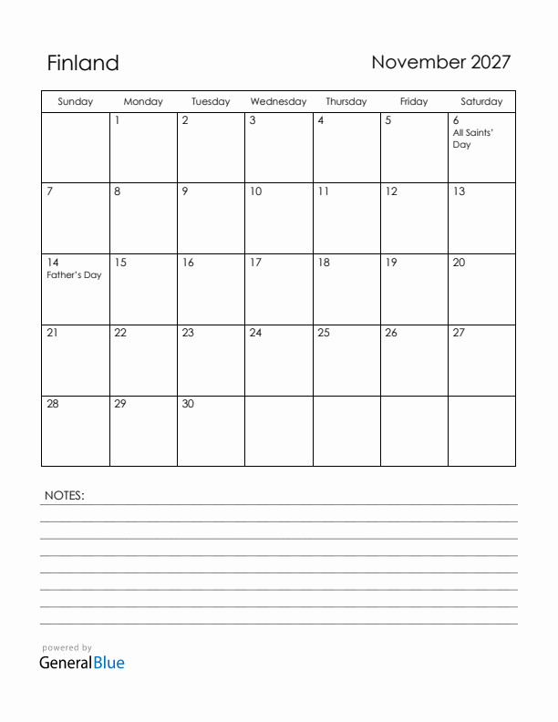 November 2027 Finland Calendar with Holidays (Sunday Start)