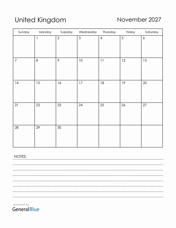 November 2027 United Kingdom Calendar with Holidays (Sunday Start)