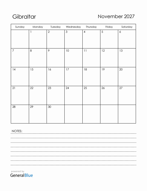 November 2027 Gibraltar Calendar with Holidays (Sunday Start)
