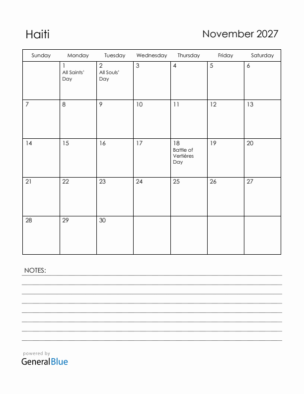 November 2027 Haiti Calendar with Holidays (Sunday Start)