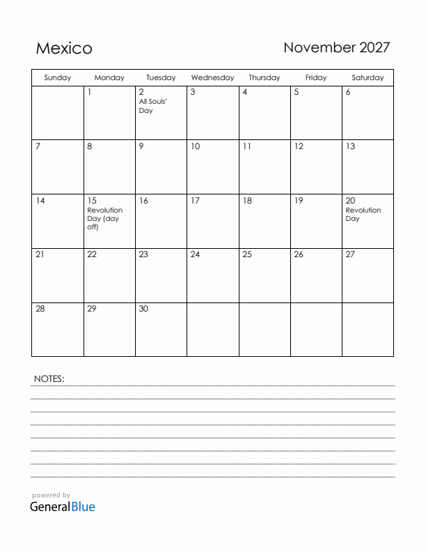 November 2027 Mexico Calendar with Holidays (Sunday Start)