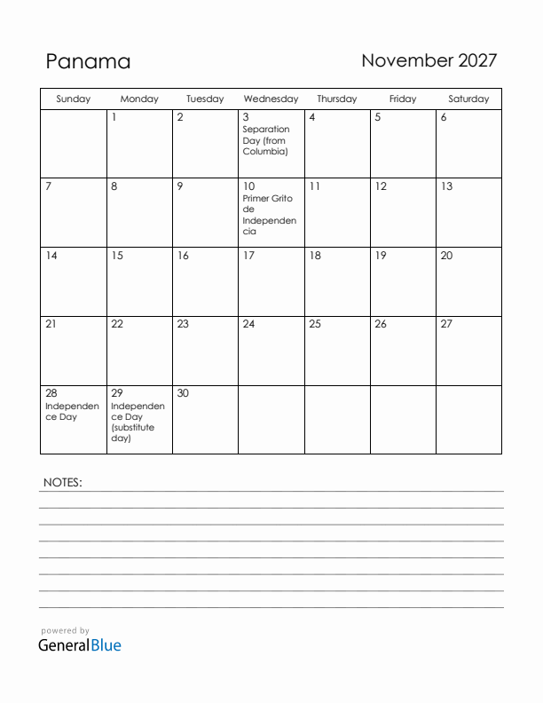 November 2027 Panama Calendar with Holidays (Sunday Start)