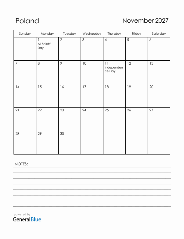 November 2027 Poland Calendar with Holidays (Sunday Start)