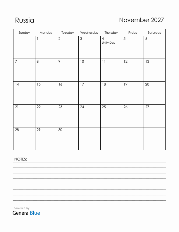 November 2027 Russia Calendar with Holidays (Sunday Start)