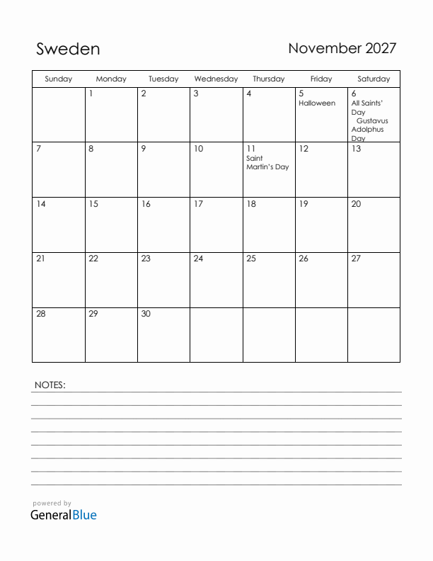 November 2027 Sweden Calendar with Holidays (Sunday Start)