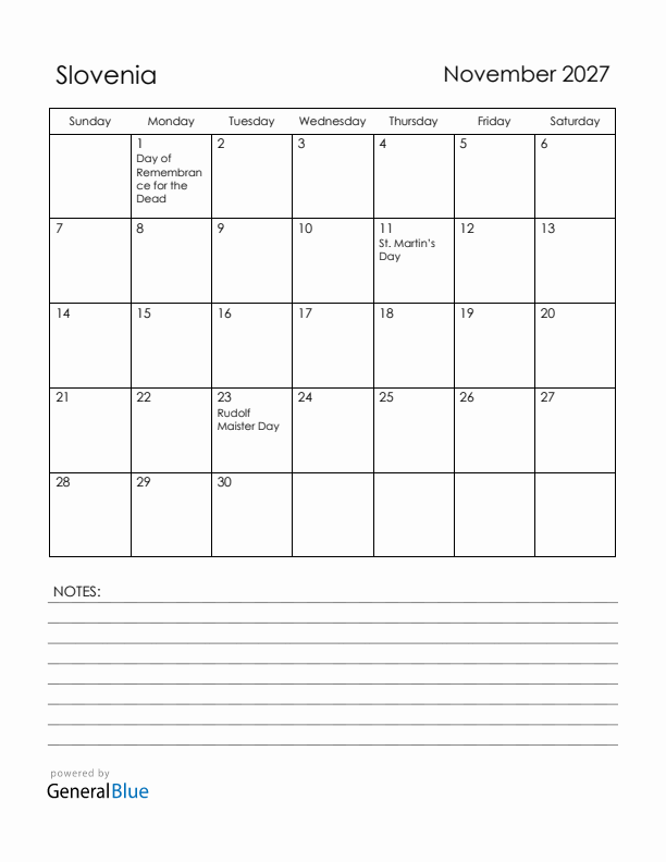 November 2027 Slovenia Calendar with Holidays (Sunday Start)