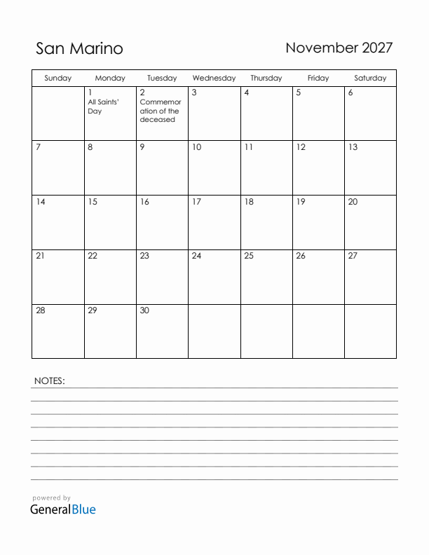 November 2027 San Marino Calendar with Holidays (Sunday Start)