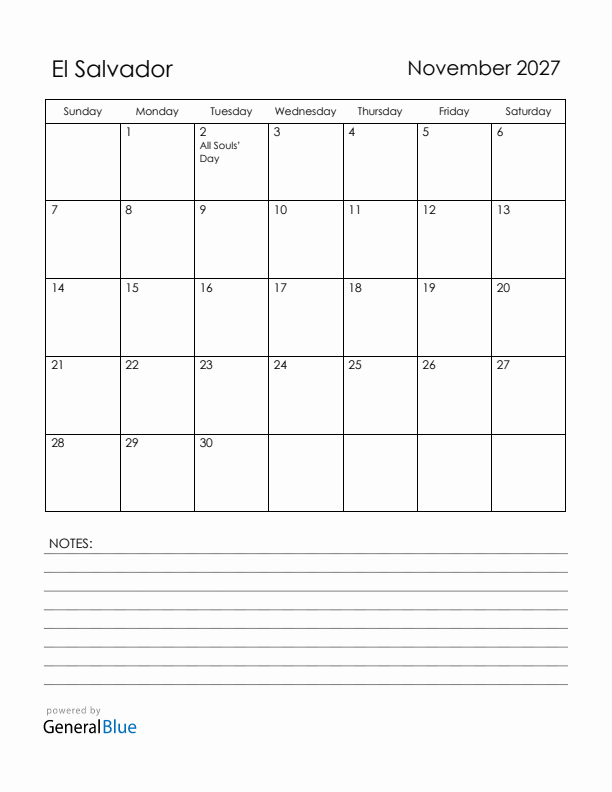 November 2027 El Salvador Calendar with Holidays (Sunday Start)