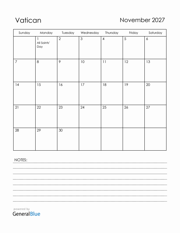 November 2027 Vatican Calendar with Holidays (Sunday Start)