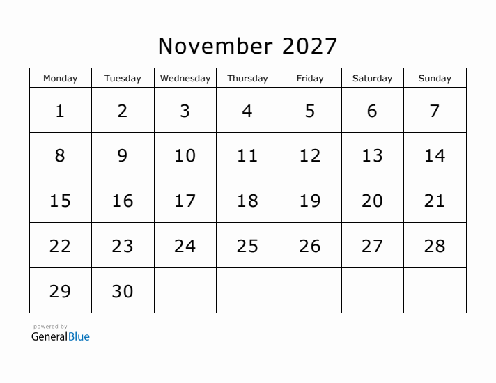 Printable November 2027 Calendar - Monday Start