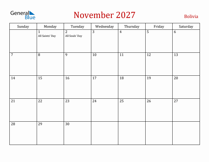 Bolivia November 2027 Calendar - Sunday Start