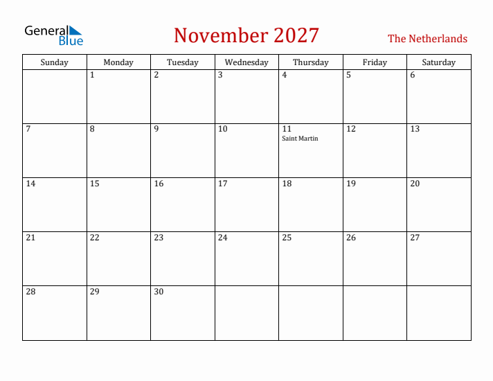 The Netherlands November 2027 Calendar - Sunday Start