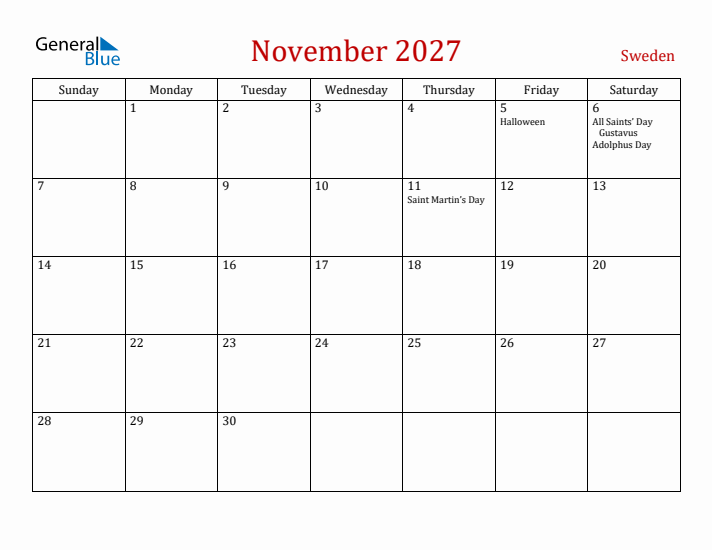 Sweden November 2027 Calendar - Sunday Start