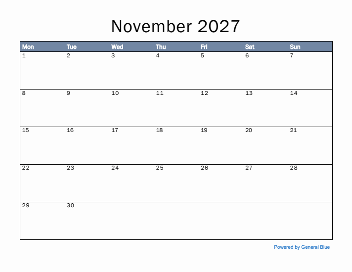 November 2027 Simple Month Calendar Template