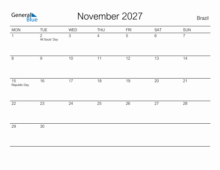 Printable November 2027 Calendar for Brazil